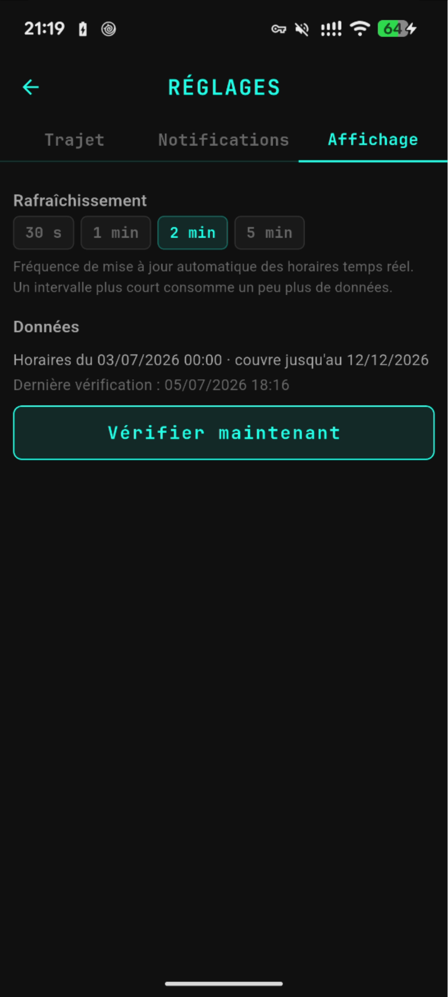 Réglages des données : fraîcheur des horaires et vérification manuelle