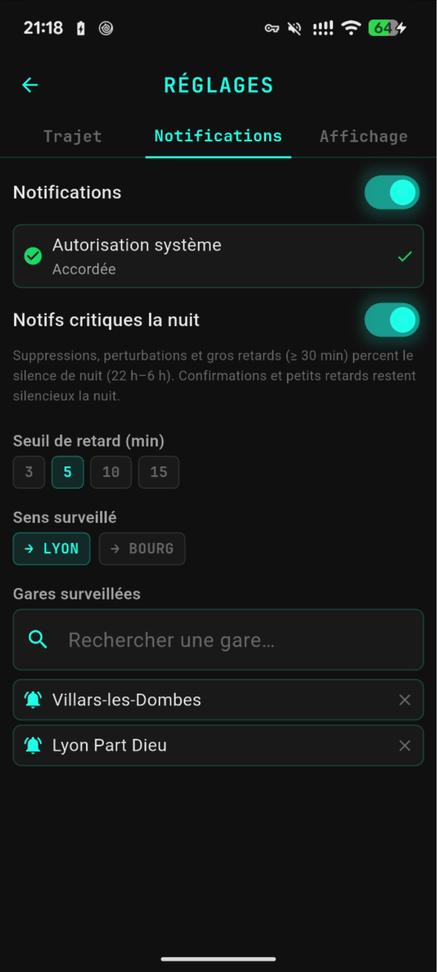 Réglages des notifications : seuil de retard, sens surveillé, gares surveillées