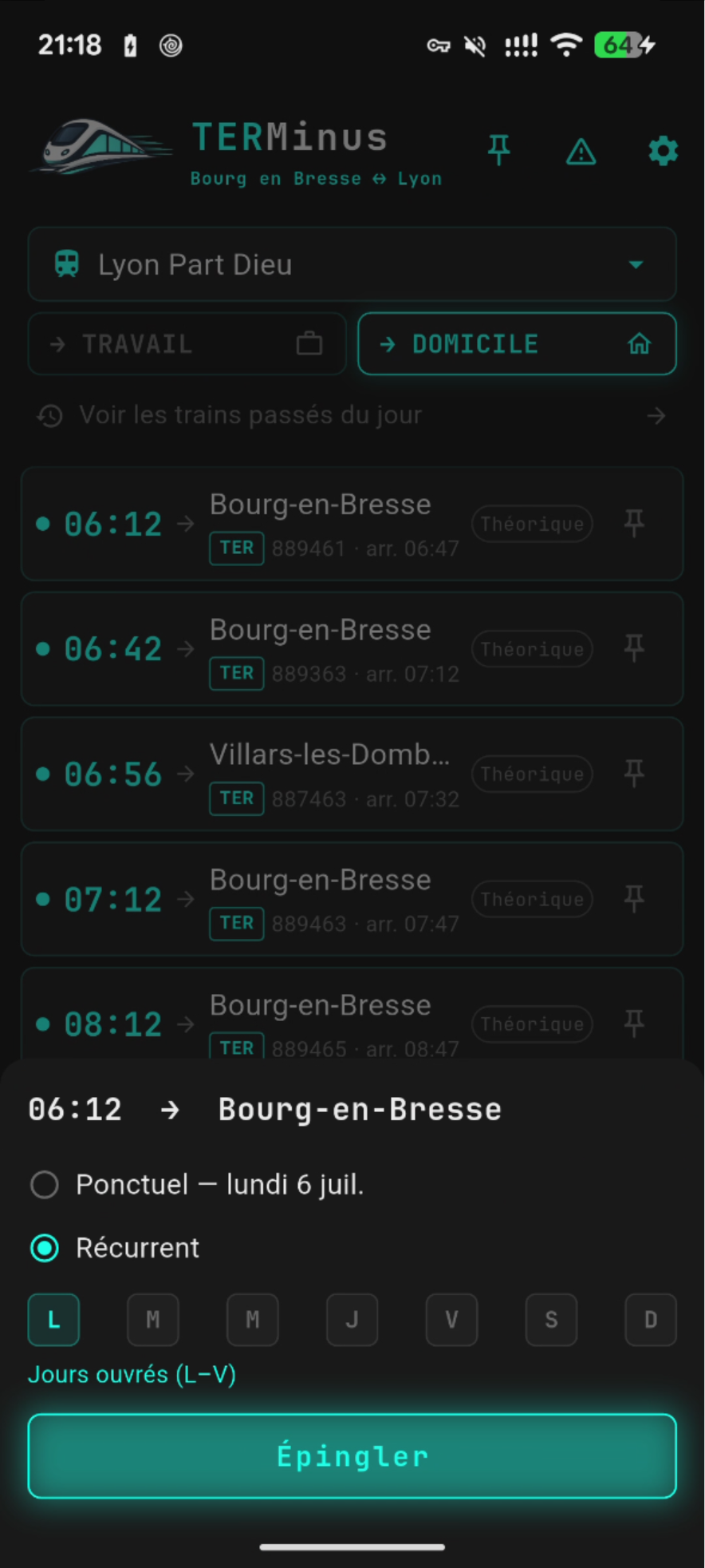 Épinglage d'un train récurrent avec choix des jours de la semaine