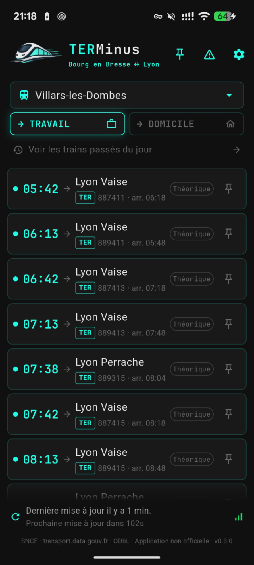 Écran principal de TERMinus : liste des prochains départs vers Lyon avec heures, numéros de train et statut temps réel