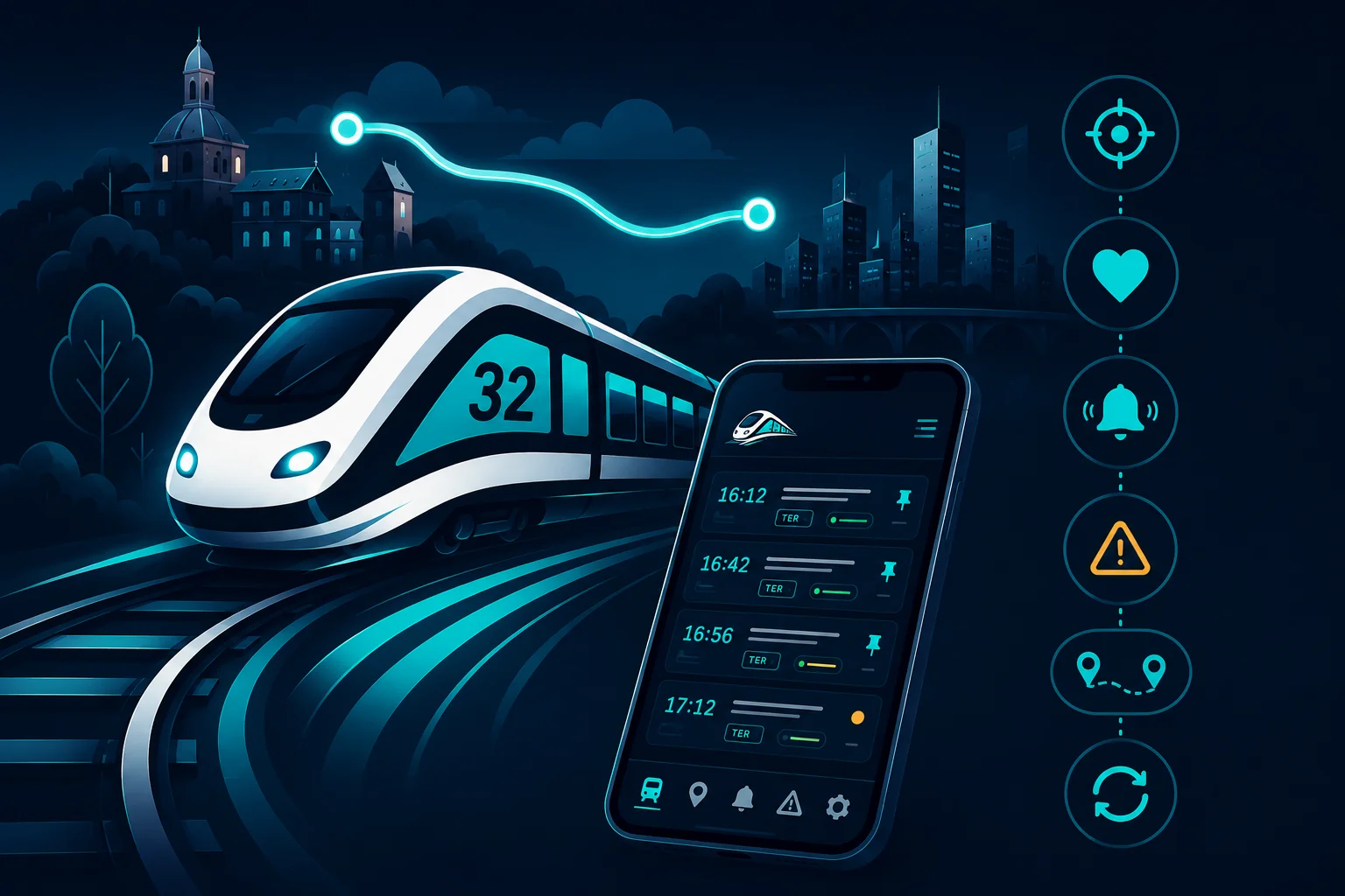 Train TER 32 la nuit entre un clocher de village et la skyline de Lyon, avec l'application affichant les prochains départs