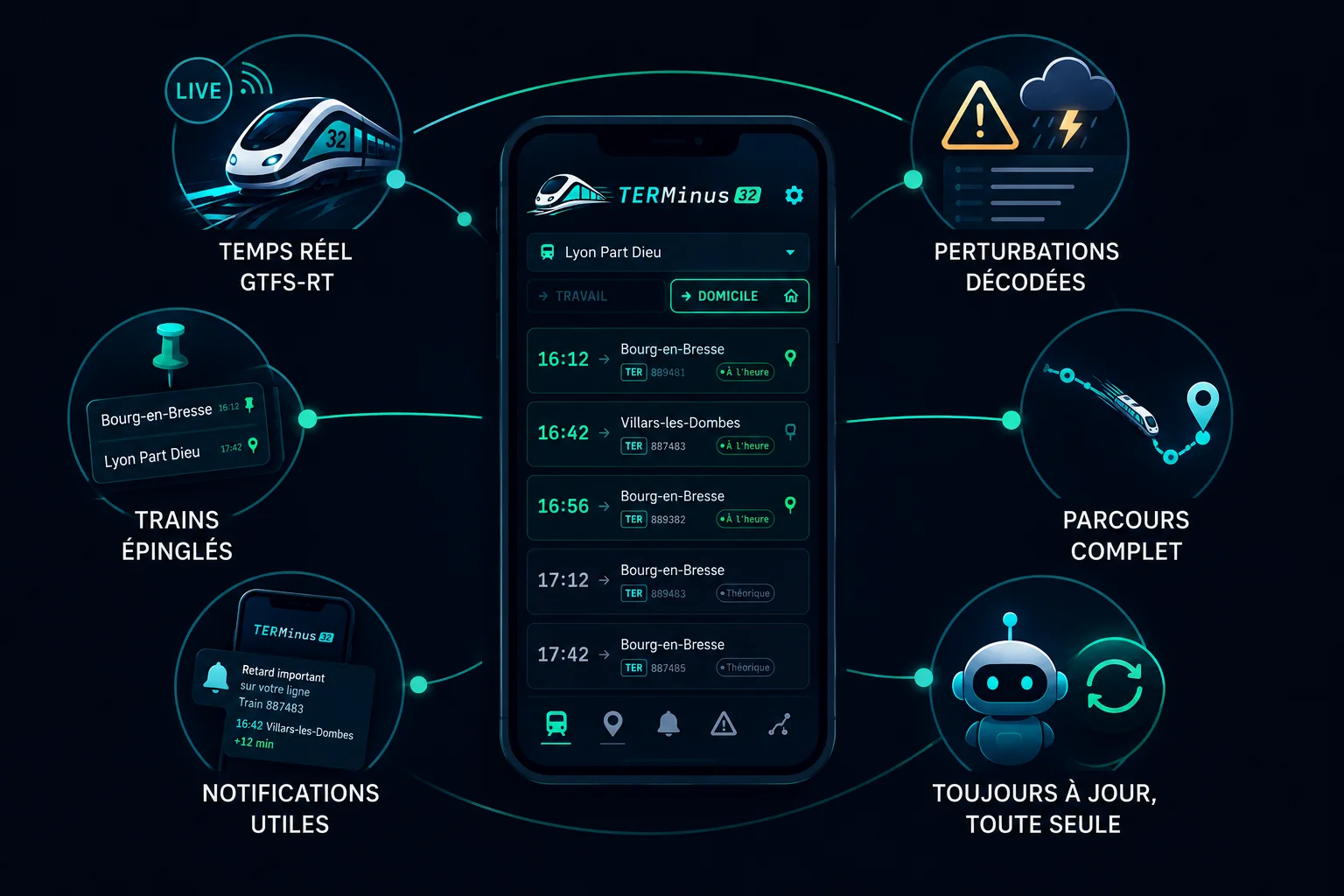 Schéma des fonctionnalités de TERMinus autour de l'écran de l'app : temps réel GTFS-RT, trains épinglés, notifications, perturbations, parcours complet, mise à jour automatique